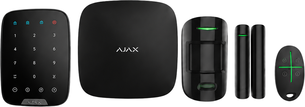 Ajax security hardware including keypad, hub, motion sensor and key fob