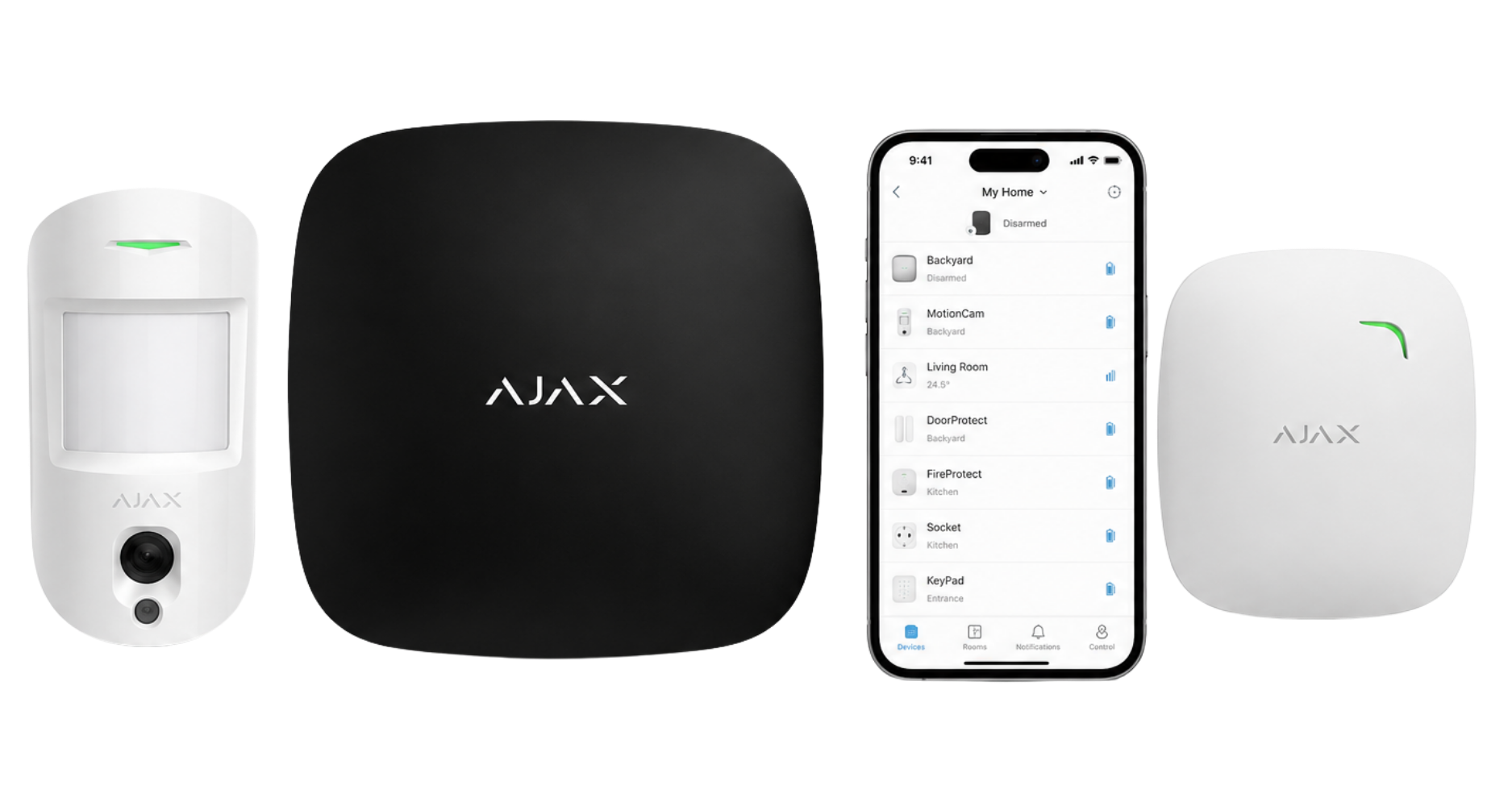 Ajax security hardware including motion sensor, hub, smartphone app and siren