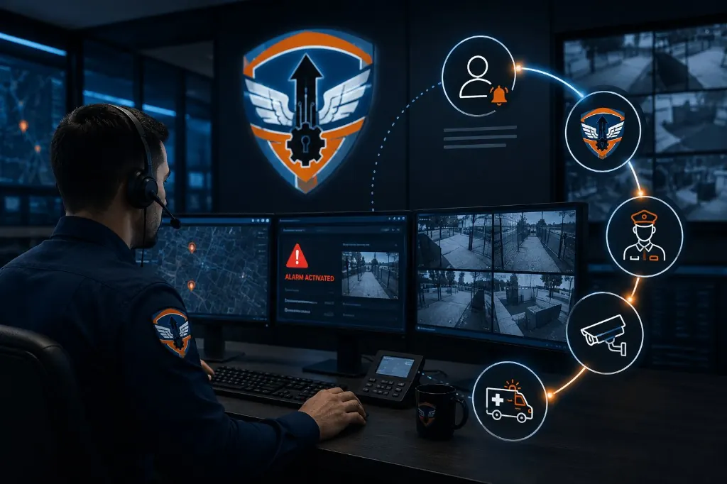Monitoring centre operator managing an alarm response workflow
