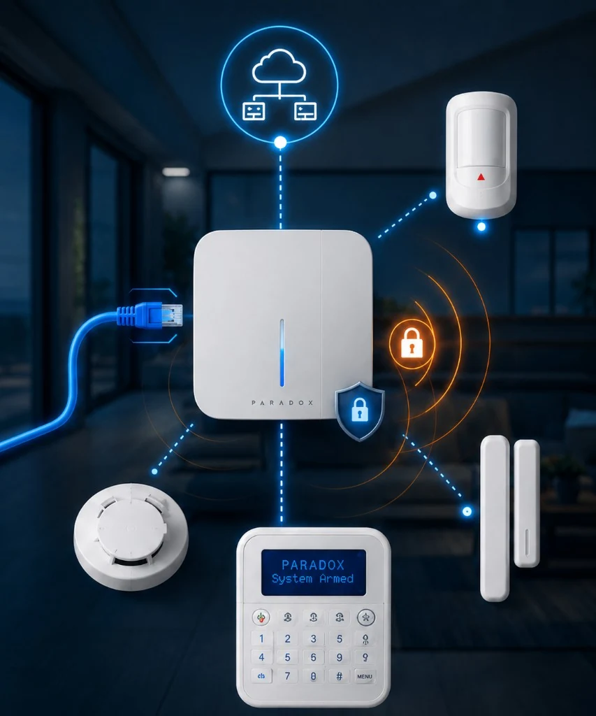 Paradox M25 console connected to keypad, detectors and sensors