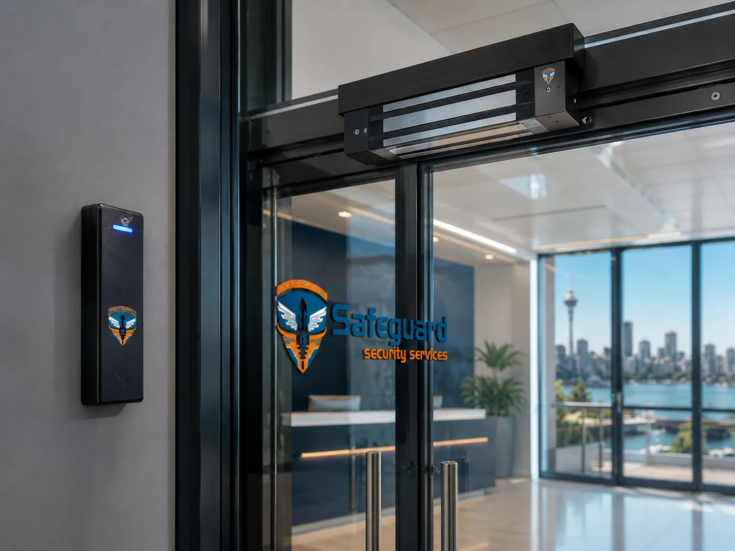Card reader and maglock on commercial glass entry doors in Sydney