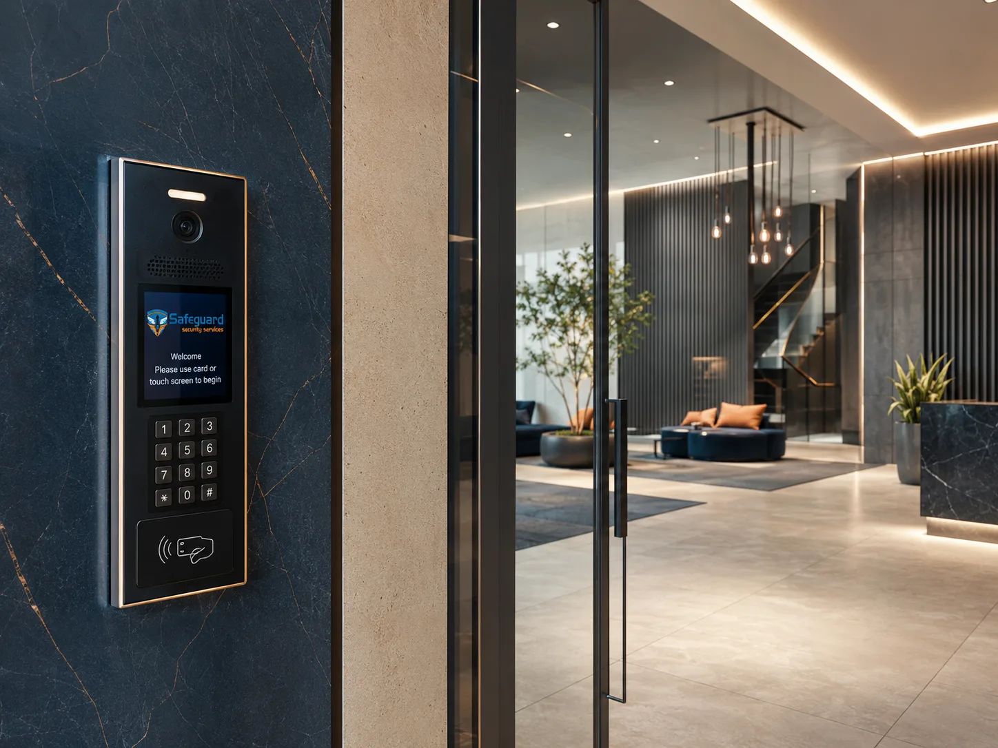 Intercom and card-reader entry panel in an apartment building lobby