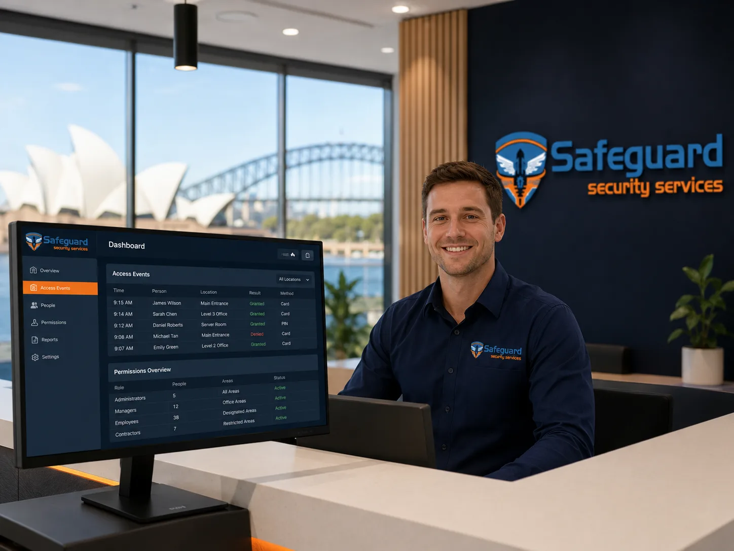Reception desk with an access control dashboard