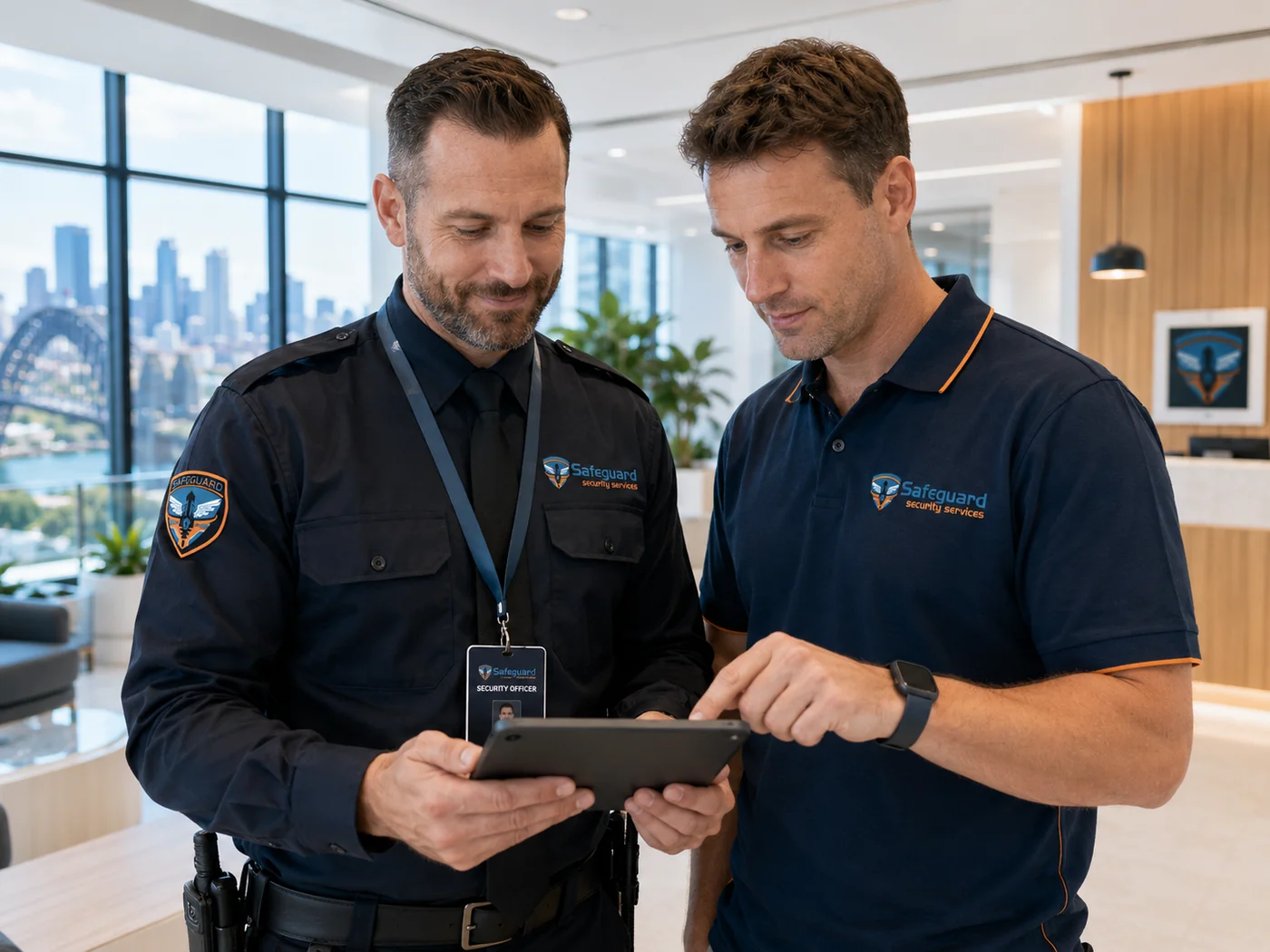Safeguard technician and security officer coordinating at a Sydney commercial site