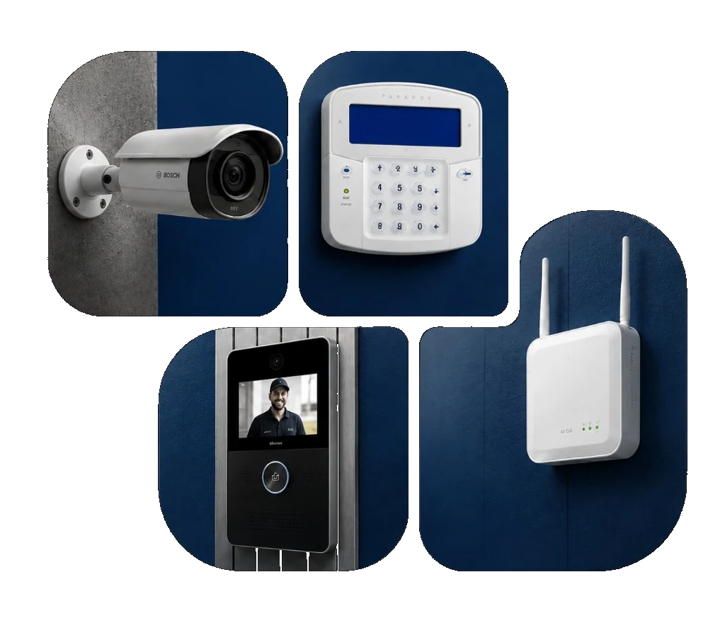 Electronic security hardware: CCTV camera, alarm keypad, wireless hub and video intercom