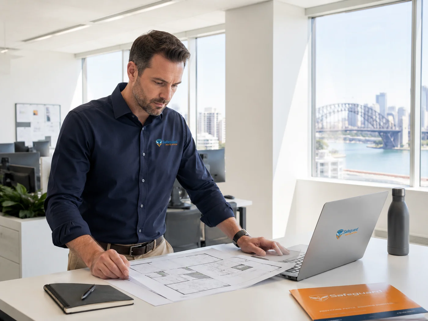 Facilities manager reviewing security plans at a Sydney commercial building