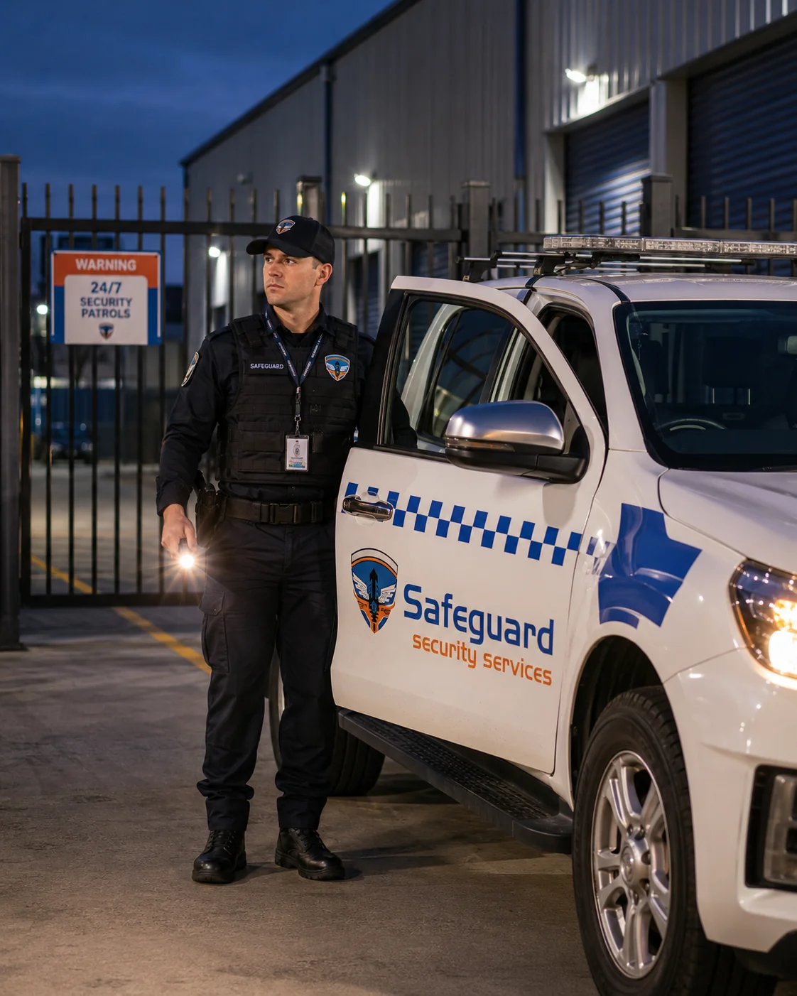 Patrol officer checking a perimeter gate in Sydney