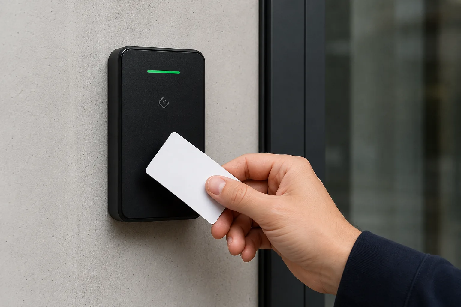 Hand holding an access card against a door reader