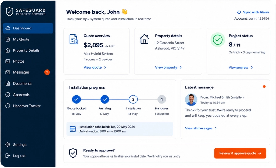 Safeguard customer portal showing quote summary, installation progress, messages and quote approval