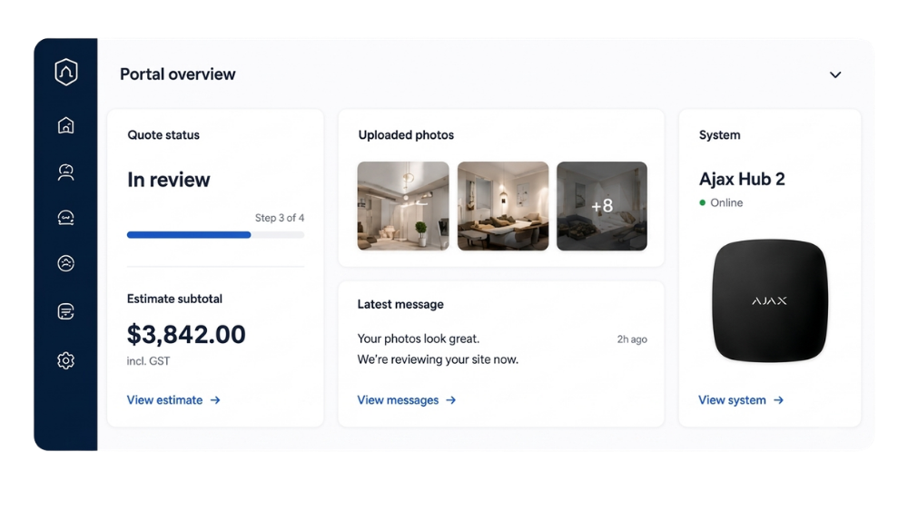 Safeguard customer portal dashboard showing quote status, uploaded photos, messages and system details