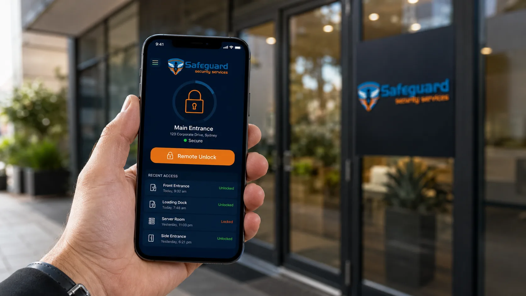 Mobile app showing remote door unlock and access event history
