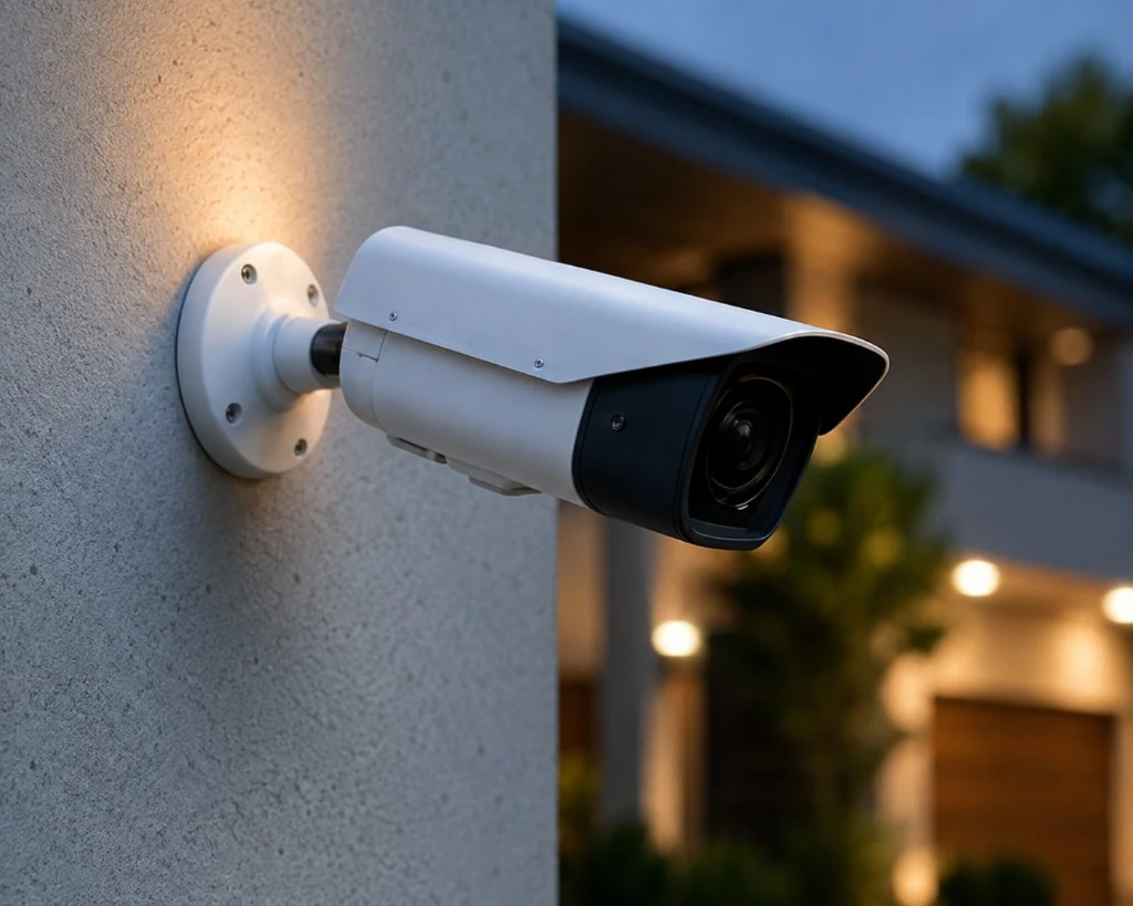 Bullet CCTV camera mounted on a Sydney home exterior at dusk
