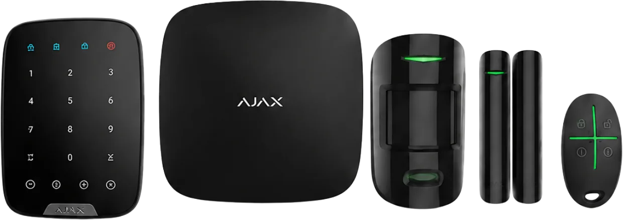 Ajax security hardware including keypad, hub, motion sensor and key fob