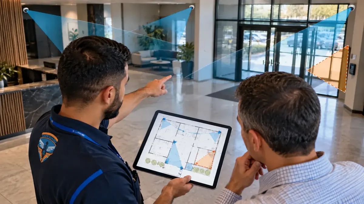 A Safeguard technician points out camera coverage while showing a floor plan on a tablet to a client in a building lobby.