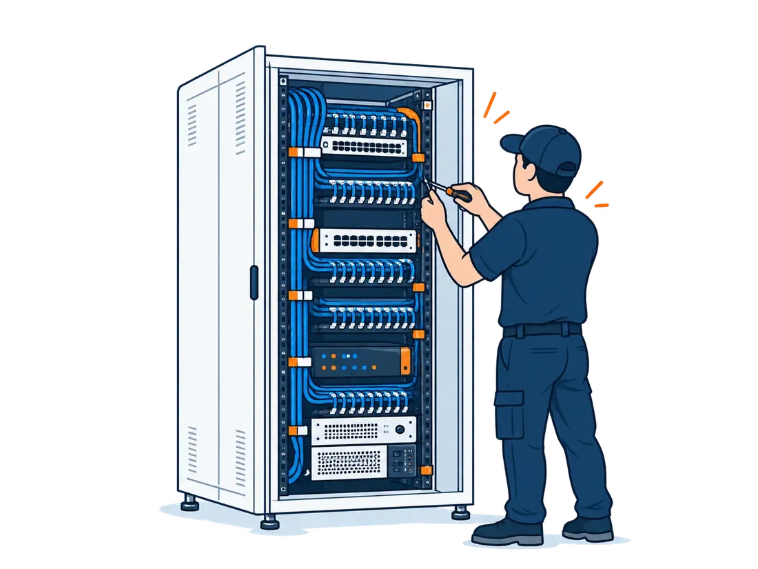 A technician works on a neatly cabled network rack.